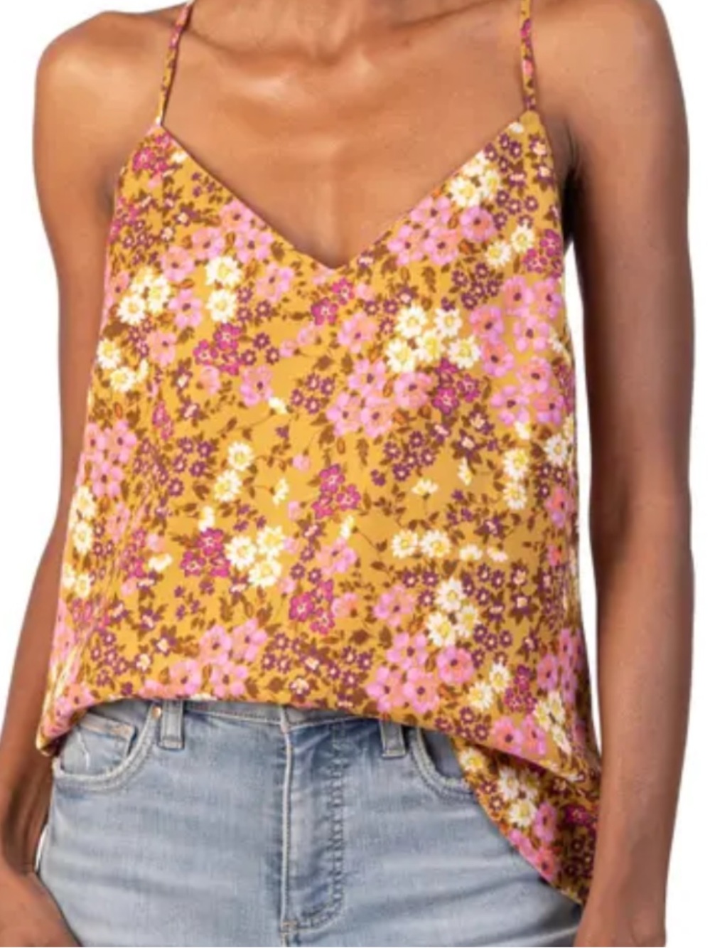 Kut from the Kloth Mustard Floral V-Neck Cami with Pink Accents